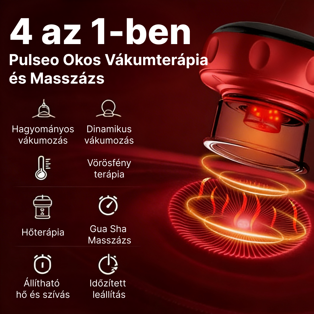 Pulseo Okos Köpölyöző Masszírozó - Izomlazítás, Vörös Fény és Hőfunkció Egy Eszközben
